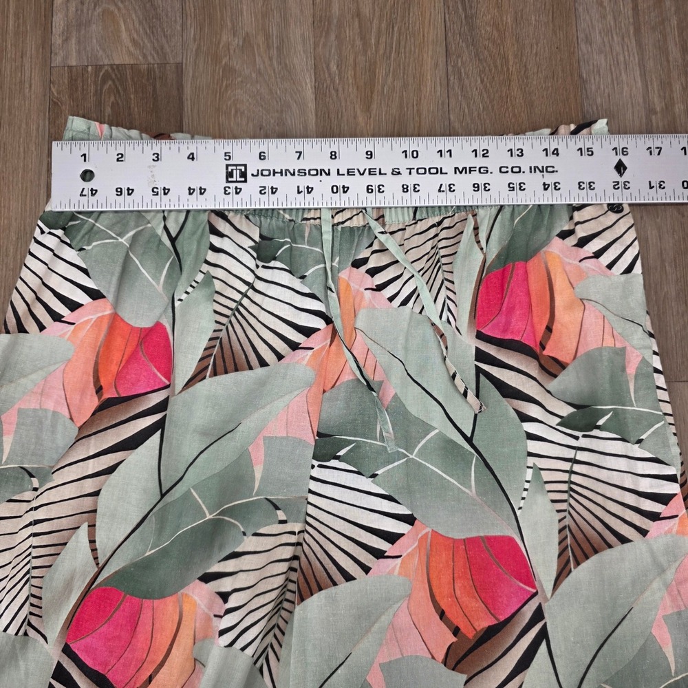 CALIA Medium Tropical Leaf Print Linen Blend Wide Leg Drawstring Pants‎ Green - Picture 5 of 11